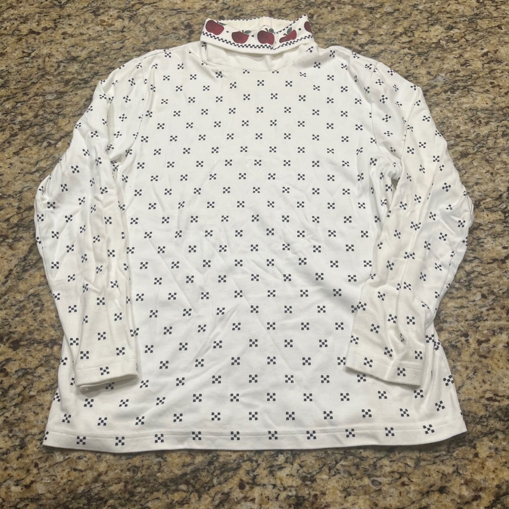 Vintage Croft & Barrow Womens White Apple Turtleneck Long Sleeve Top Large
